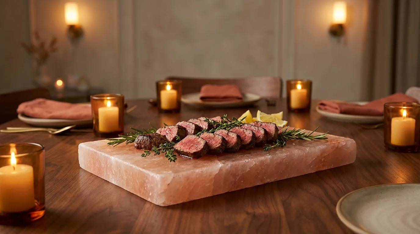 Himalayan pink salt slab serving platter with seared steak on a walnut dining table