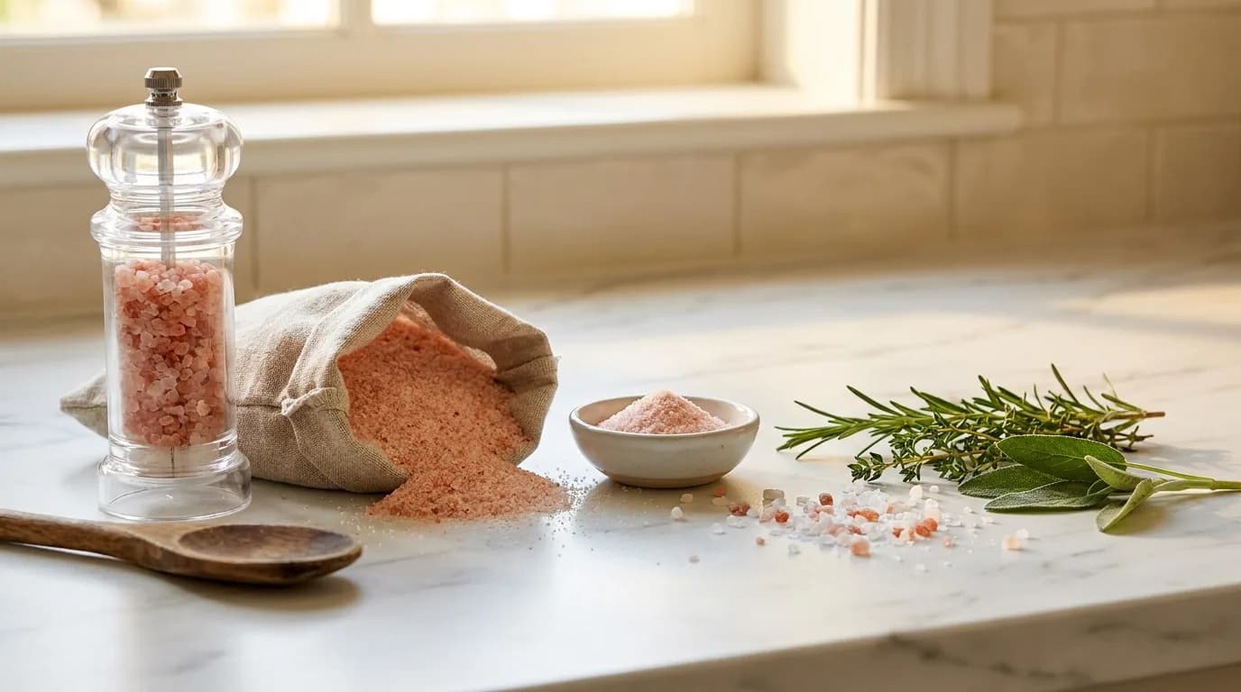 Food-grade Himalayan pink salt in a grinder, linen sack and pinch bowl on a marble worktop