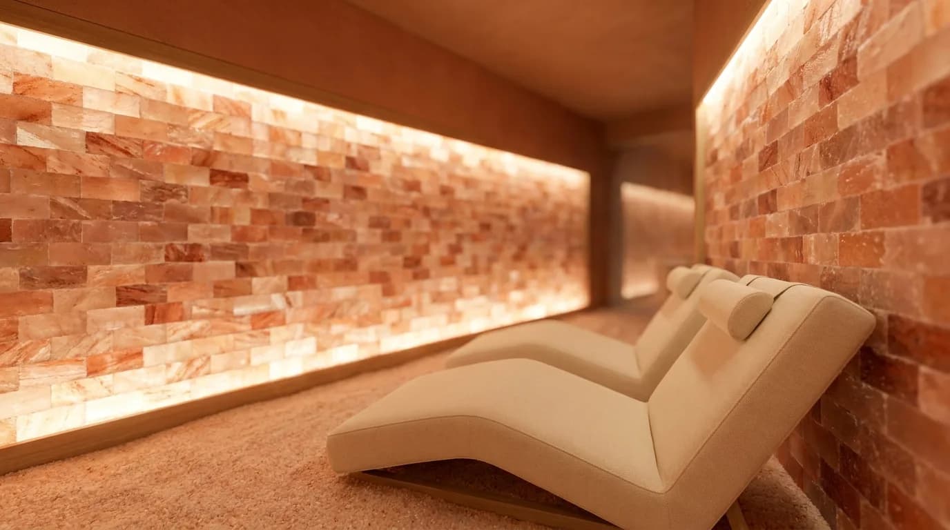 Halotherapy salt room with walls clad in backlit Himalayan salt bricks